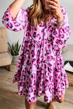 Load image into Gallery viewer, Black Leopard Print Buttoned Front 3/4 Sleeve Tiered Ruffled Hem Dress - Fashion Queen -  7
