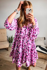 Load image into Gallery viewer, Black Leopard Print Buttoned Front 3/4 Sleeve Tiered Ruffled Hem Dress - Fashion Queen -  9
