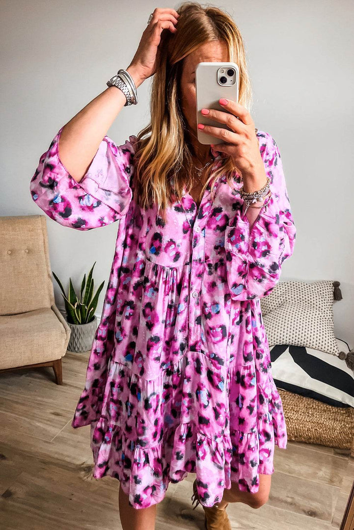 Black Leopard Print Buttoned Front 3/4 Sleeve Tiered Ruffled Hem Dress - Fashion Queen -  9