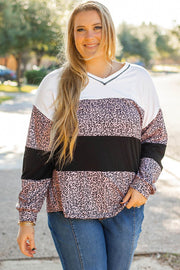 Black Leopard Print Colorblock V Neck Long Sleeve Plus Size Top - Fashion Queen -  1