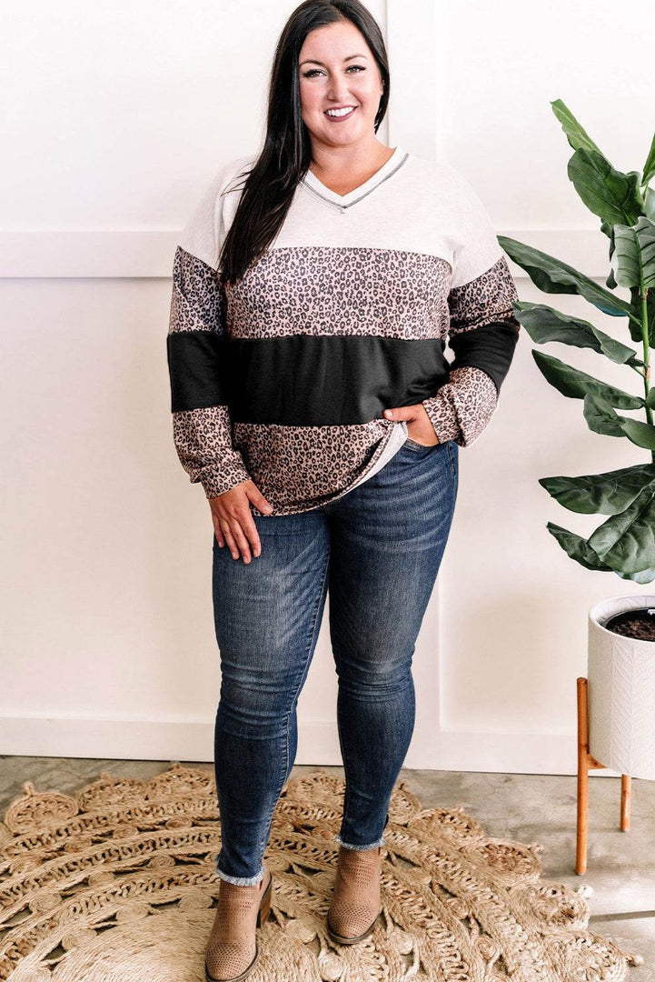 Black Leopard Print Colorblock V Neck Long Sleeve Plus Size Top - Fashion Queen -  12
