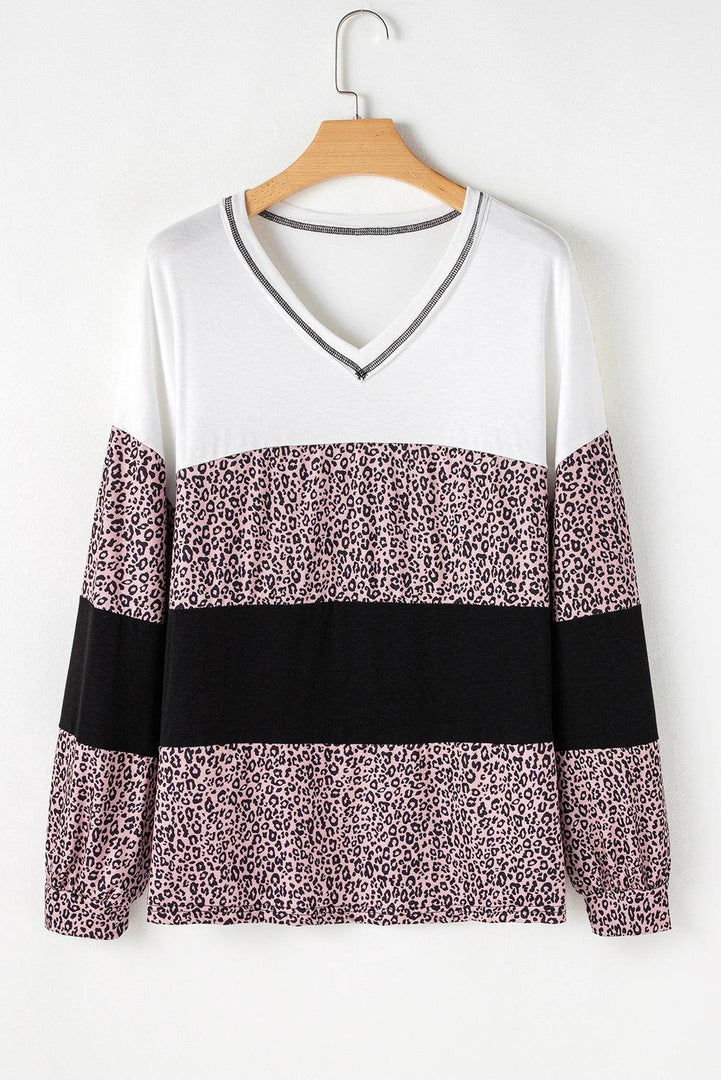 Black Leopard Print Colorblock V Neck Long Sleeve Plus Size Top - Fashion Queen -  13