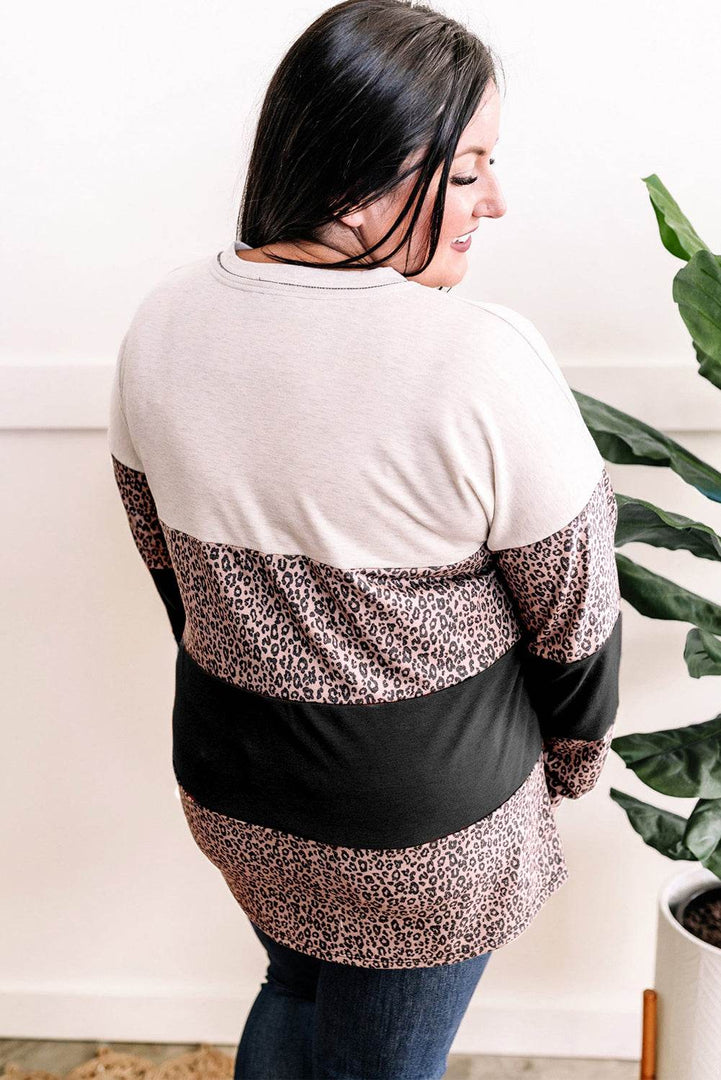 Black Leopard Print Colorblock V Neck Long Sleeve Plus Size Top - Fashion Queen -  9