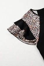 Load image into Gallery viewer, Black Leopard Print Patchwork Ruffled Sleeve V Neck T Shirt - Fashion Queen -  10
