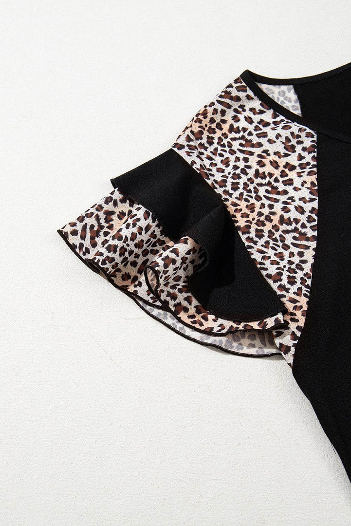 Black Leopard Print Patchwork Ruffled Sleeve V Neck T Shirt - Fashion Queen -  10