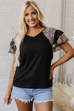 Load image into Gallery viewer, Black Leopard Print Patchwork Ruffled Sleeve V Neck T Shirt - Fashion Queen -  14
