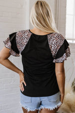 Load image into Gallery viewer, Black Leopard Print Patchwork Ruffled Sleeve V Neck T Shirt - Fashion Queen -  15
