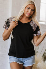 Load image into Gallery viewer, Black Leopard Print Patchwork Ruffled Sleeve V Neck T Shirt - Fashion Queen -  17

