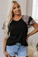 Load image into Gallery viewer, Black Leopard Print Patchwork Ruffled Sleeve V Neck T Shirt - Fashion Queen -  19

