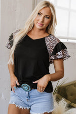 Load image into Gallery viewer, Black Leopard Print Patchwork Ruffled Sleeve V Neck T Shirt - Fashion Queen -  20
