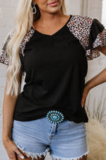 Load image into Gallery viewer, Black Leopard Print Patchwork Ruffled Sleeve V Neck T Shirt - Fashion Queen -  21
