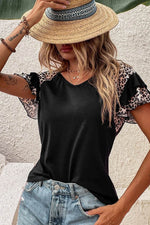 Load image into Gallery viewer, Black Leopard Print Patchwork Ruffled Sleeve V Neck T Shirt - Fashion Queen -  6
