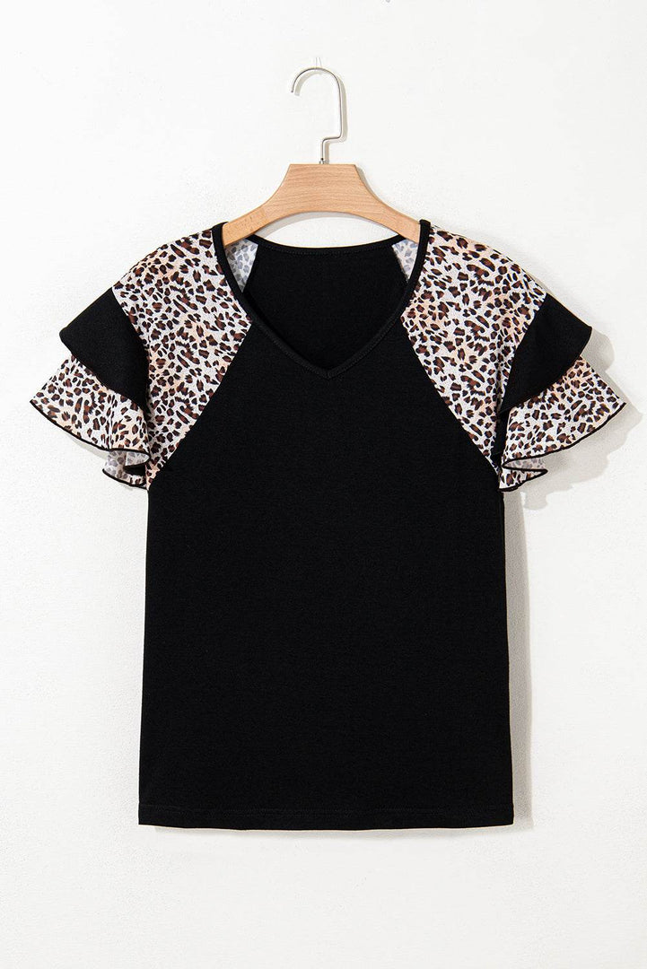 Black Leopard Print Patchwork Ruffled Sleeve V Neck T Shirt - Fashion Queen -  8