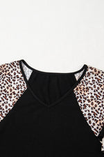Load image into Gallery viewer, Black Leopard Print Patchwork Ruffled Sleeve V Neck T Shirt - Fashion Queen -  9
