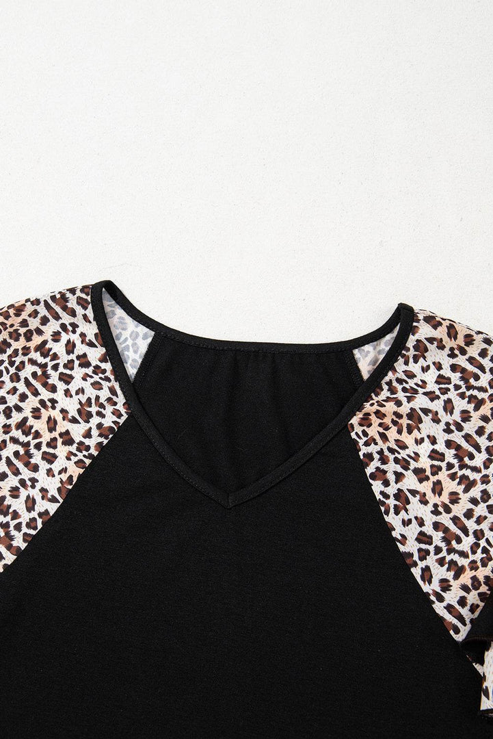 Black Leopard Print Patchwork Ruffled Sleeve V Neck T Shirt - Fashion Queen -  9