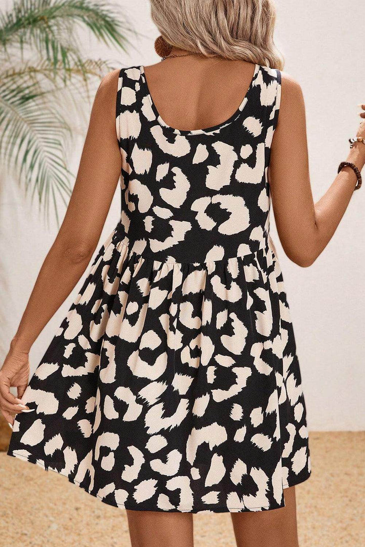 Black Leopard Print U Neck Sleeveless High Waist Dress - Fashion Queen -  2