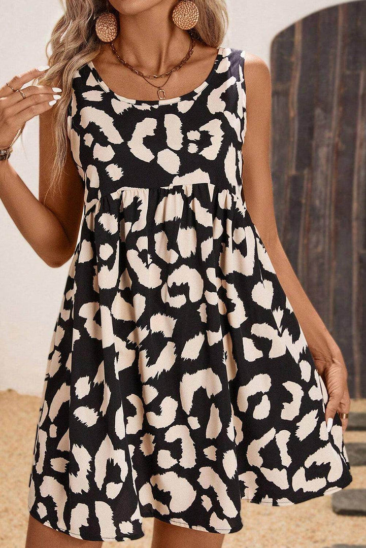 Black Leopard Print U Neck Sleeveless High Waist Dress - Fashion Queen -  5
