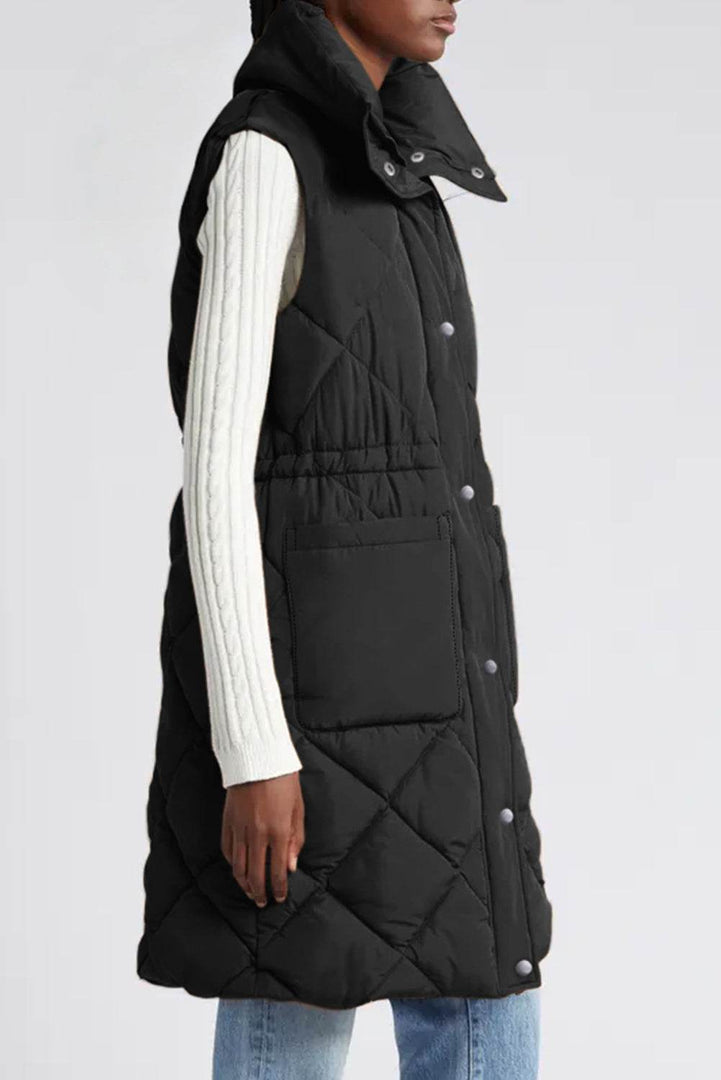 Black Longline Quilted Stand Collar Puffer Vest - Fashion Queen -  3