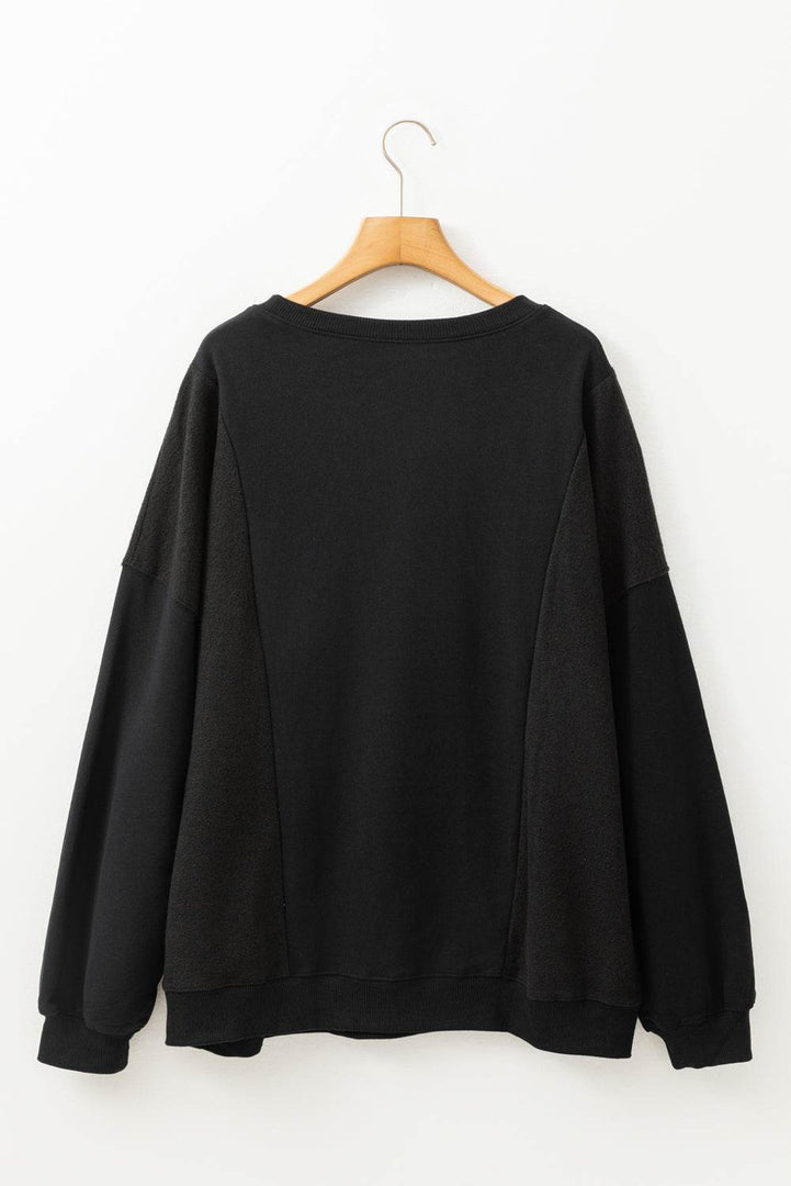 Black Loose Patchwork Crewneck Plus Size Sweatshirt - Fashion Queen -  16