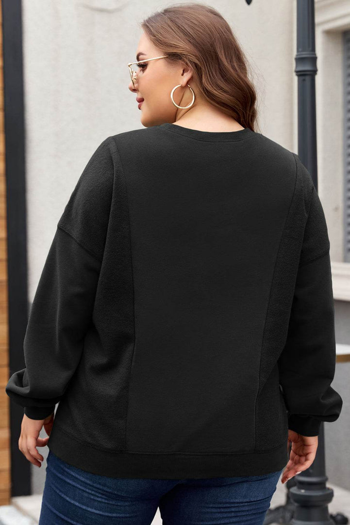 Black Loose Patchwork Crewneck Plus Size Sweatshirt - Fashion Queen -  2