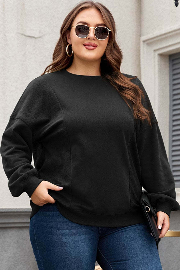 Black Loose Patchwork Crewneck Plus Size Sweatshirt - Fashion Queen -  3