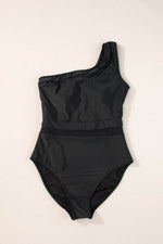 Load image into Gallery viewer, Black Mesh Insert One Shoulder High Waist Teddy Swimsuit - Fashion Queen -  16
