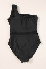 Load image into Gallery viewer, Black Mesh Insert One Shoulder High Waist Teddy Swimsuit - Fashion Queen -  17
