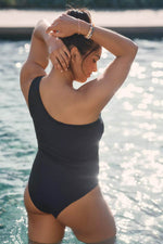 Load image into Gallery viewer, Black Mesh Insert One Shoulder High Waist Teddy Swimsuit - Fashion Queen -  4
