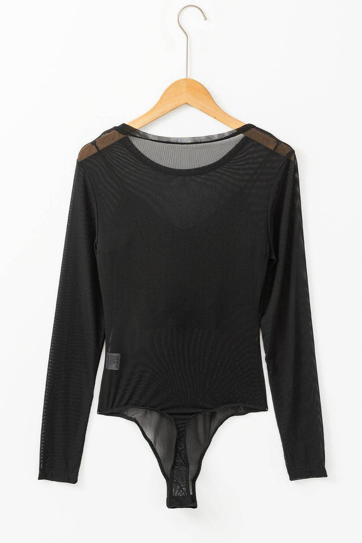 Black Mesh Long Sleeve Slim Fit Bodysuit - Fashion Queen -  7