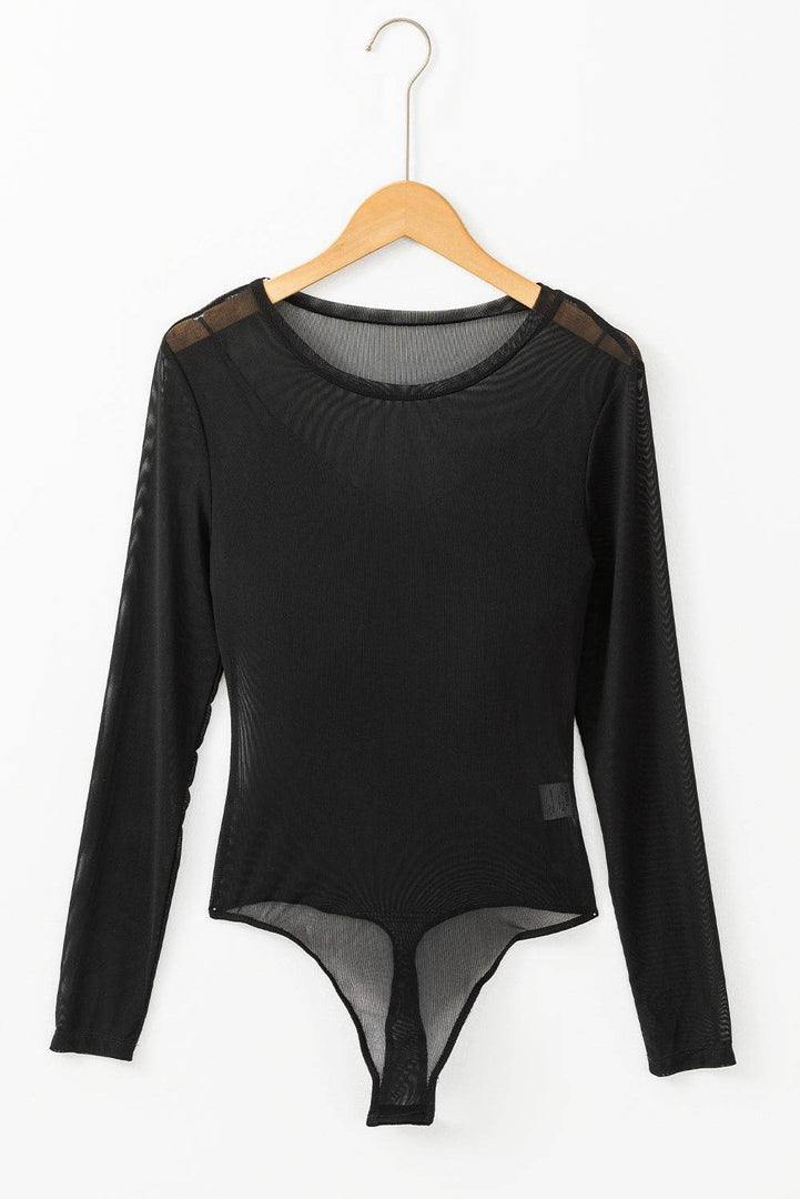 Black Mesh Long Sleeve Slim Fit Bodysuit - Fashion Queen -  8