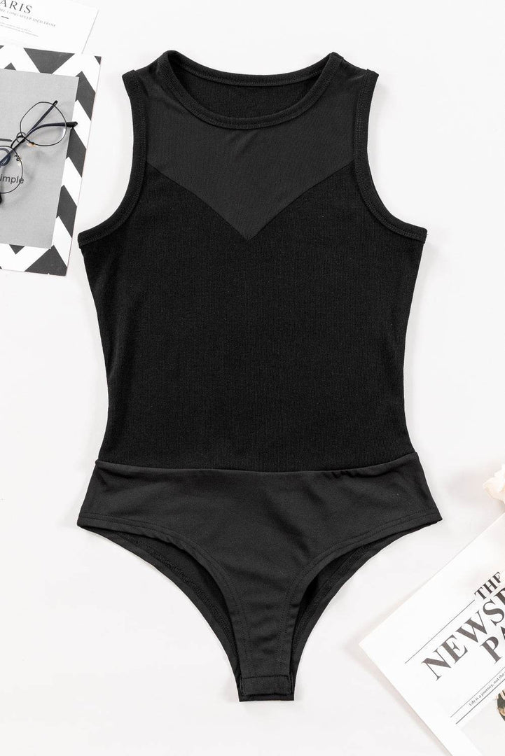 Black Mesh Patchwork Sleeveless Bodysuit - Fashion Queen -  6