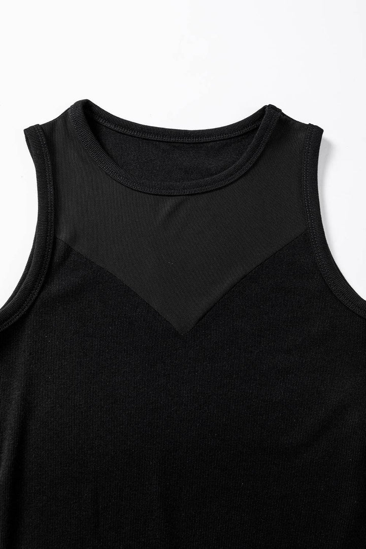 Black Mesh Patchwork Sleeveless Bodysuit - Fashion Queen -  7