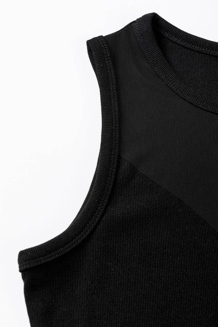 Black Mesh Patchwork Sleeveless Bodysuit - Fashion Queen -  8