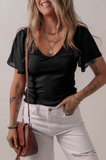 Load image into Gallery viewer, Black Mesh Ruffled Sleeve Slim Fit V Neck Top - Fashion Queen -  1
