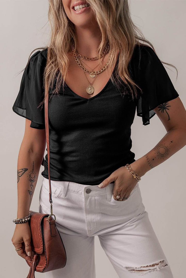 Black Mesh Ruffled Sleeve Slim Fit V Neck Top - Fashion Queen -  1