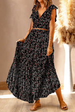 Load image into Gallery viewer, Black Multicolor Floral Ruffled Crop Top and Maxi Skirt Set - Fashion Queen -  1
