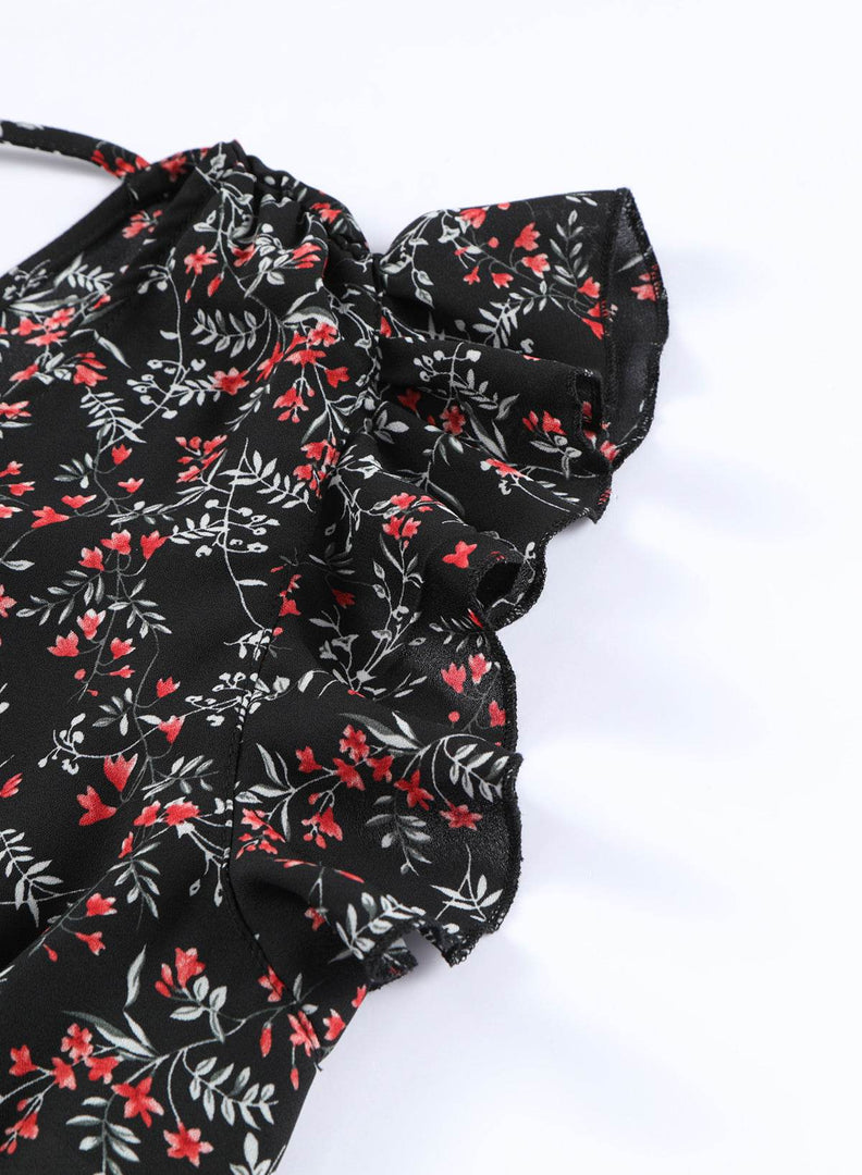Black Multicolor Floral Ruffled Crop Top and Maxi Skirt Set - Fashion Queen -  11
