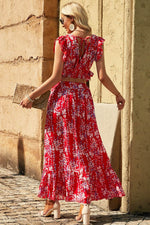 Load image into Gallery viewer, Black Multicolor Floral Ruffled Crop Top and Maxi Skirt Set - Fashion Queen -  17
