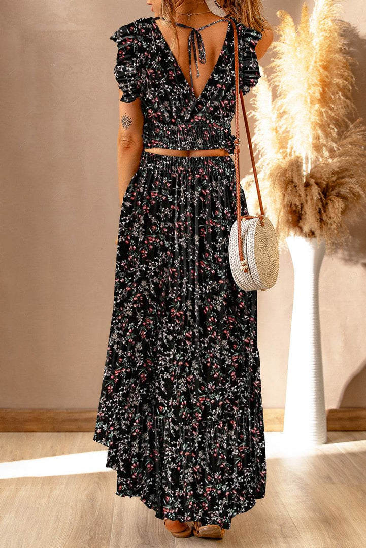 Black Multicolor Floral Ruffled Crop Top and Maxi Skirt Set - Fashion Queen -  2