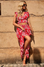 Load image into Gallery viewer, Black Multicolor Floral Ruffled Crop Top and Maxi Skirt Set - Fashion Queen -  20
