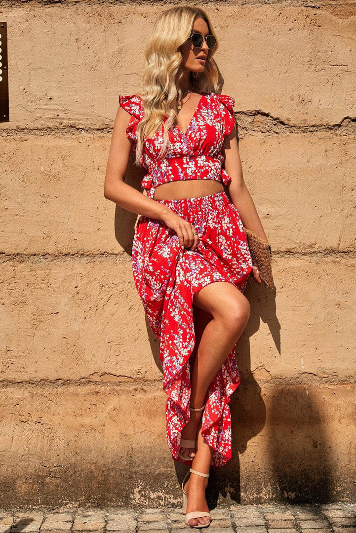 Black Multicolor Floral Ruffled Crop Top and Maxi Skirt Set - Fashion Queen -  20