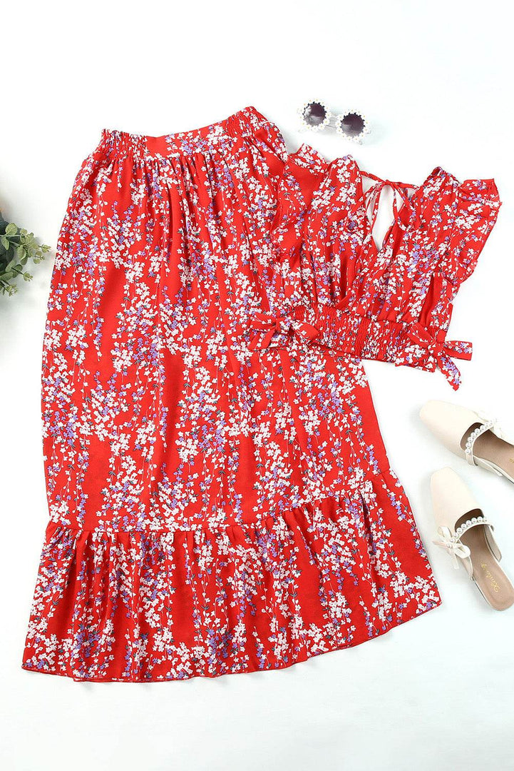 Black Multicolor Floral Ruffled Crop Top and Maxi Skirt Set - Fashion Queen -  21