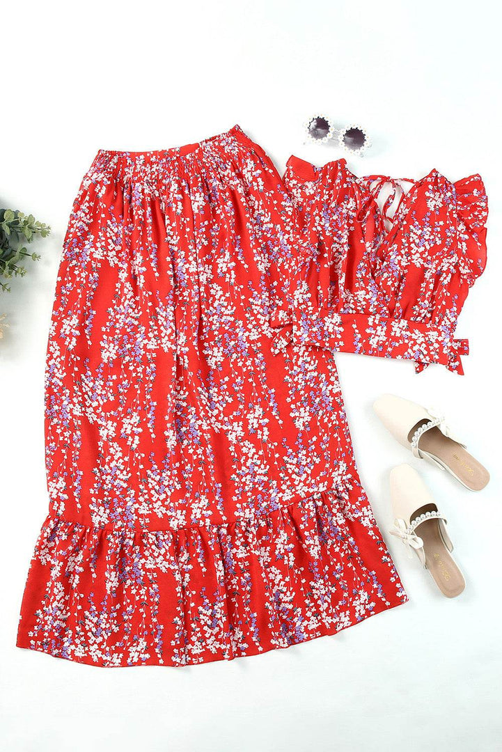 Black Multicolor Floral Ruffled Crop Top and Maxi Skirt Set - Fashion Queen -  22