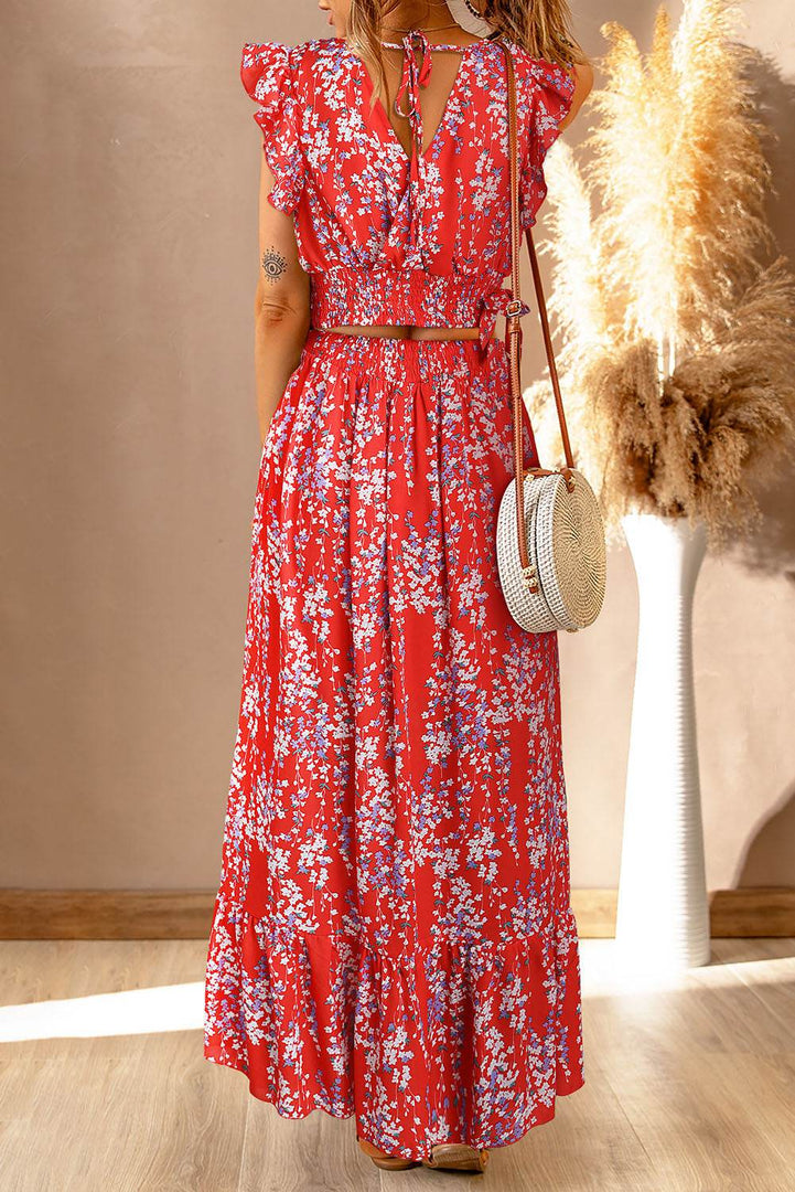 Black Multicolor Floral Ruffled Crop Top and Maxi Skirt Set - Fashion Queen -  5