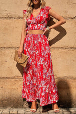 Load image into Gallery viewer, Black Multicolor Floral Ruffled Crop Top and Maxi Skirt Set - Fashion Queen -  6
