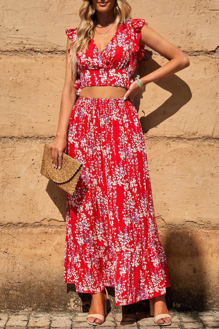 Black Multicolor Floral Ruffled Crop Top and Maxi Skirt Set - Fashion Queen -  6