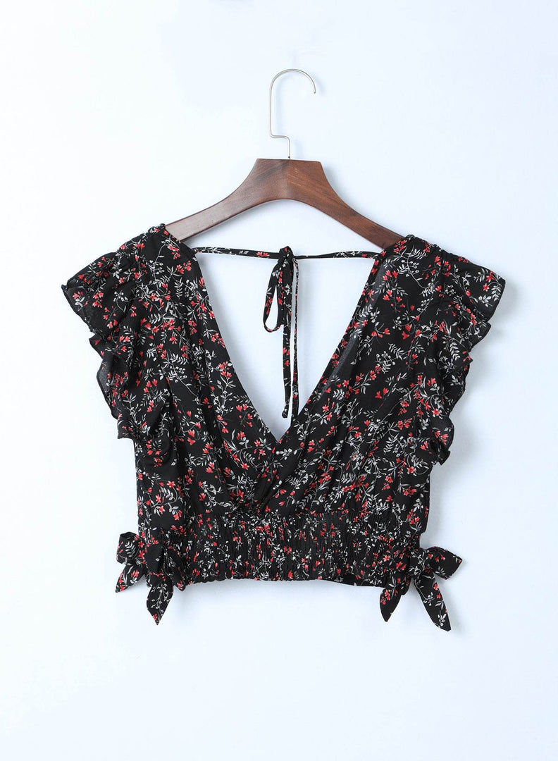Black Multicolor Floral Ruffled Crop Top and Maxi Skirt Set - Fashion Queen -  7