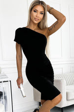 Load image into Gallery viewer, Black One-shoulder Short Sleeve Ruched Bodycon Dress - Fashion Queen -  10
