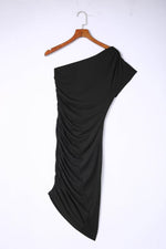 Load image into Gallery viewer, Black One-shoulder Short Sleeve Ruched Bodycon Dress - Fashion Queen -  12
