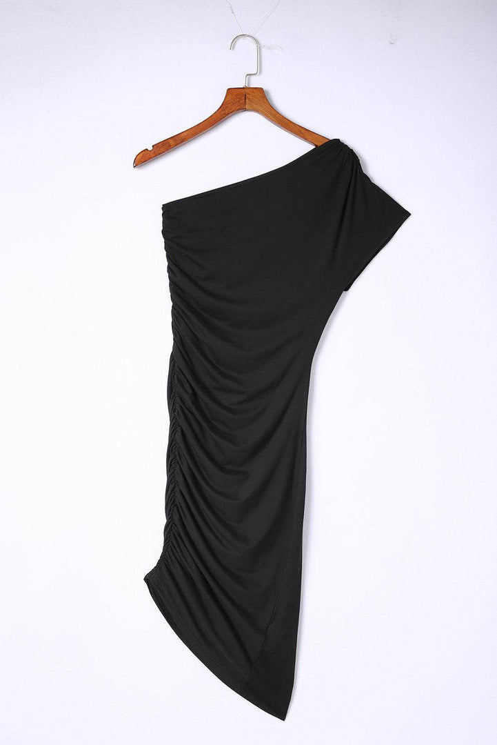 Black One-shoulder Short Sleeve Ruched Bodycon Dress - Fashion Queen -  12